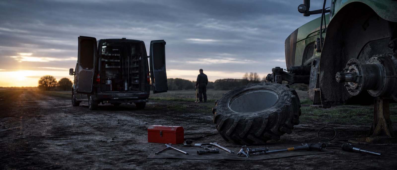 Intervention sur site au bord d'un champ : camionnette ouverte, roue de tracteur démontée