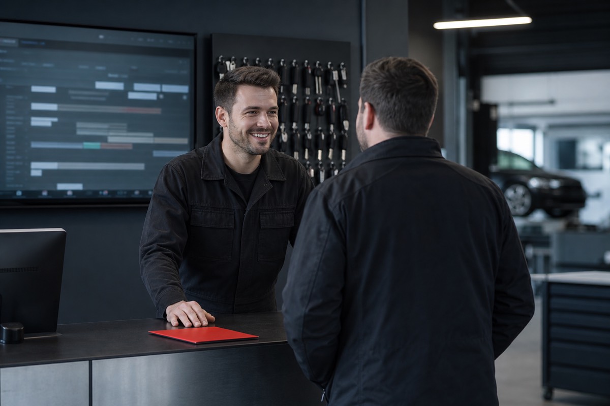 Accueil du garage de Nyon : un collaborateur reçoit un client au comptoir