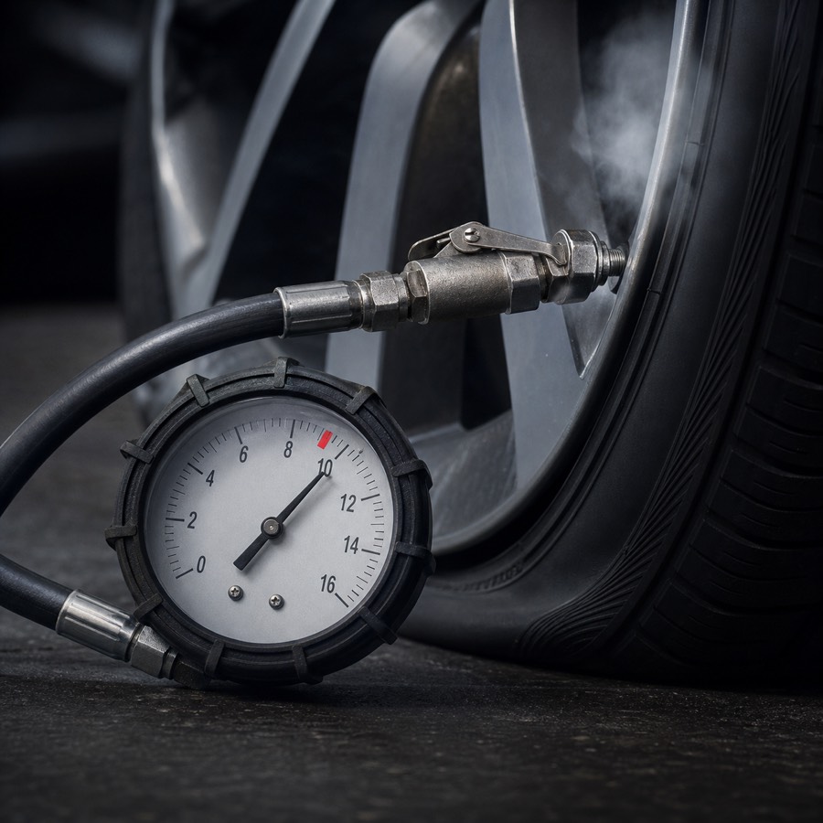 Manomètre de gonflage raccordé à la valve d'un pneu
