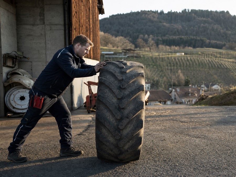 Roue d'engin agricole en cours de montage sur site